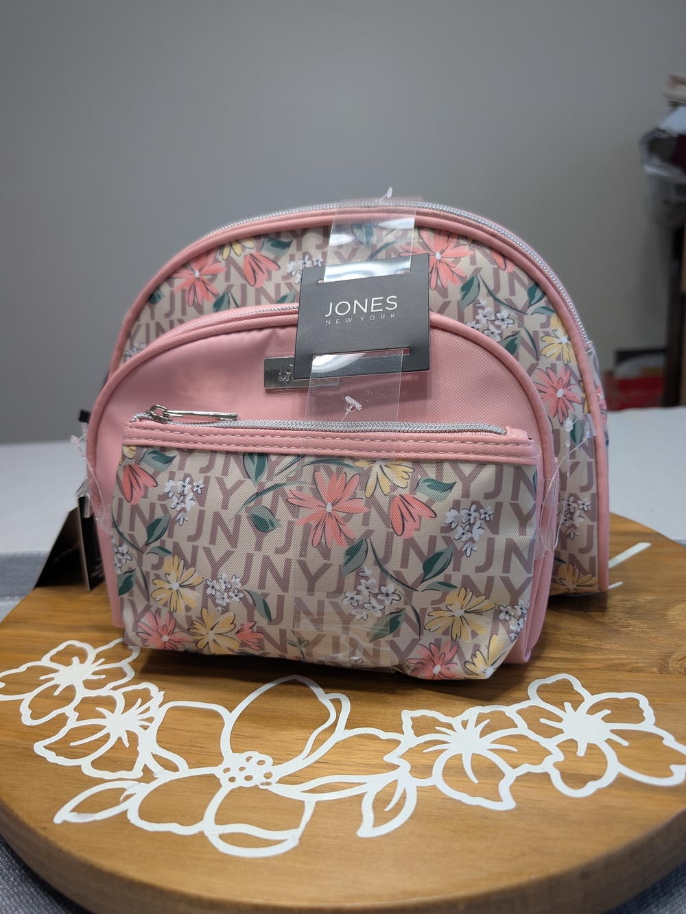 Jones New York 3pc Pink Floral Nylon Cosmetic Pouch Set